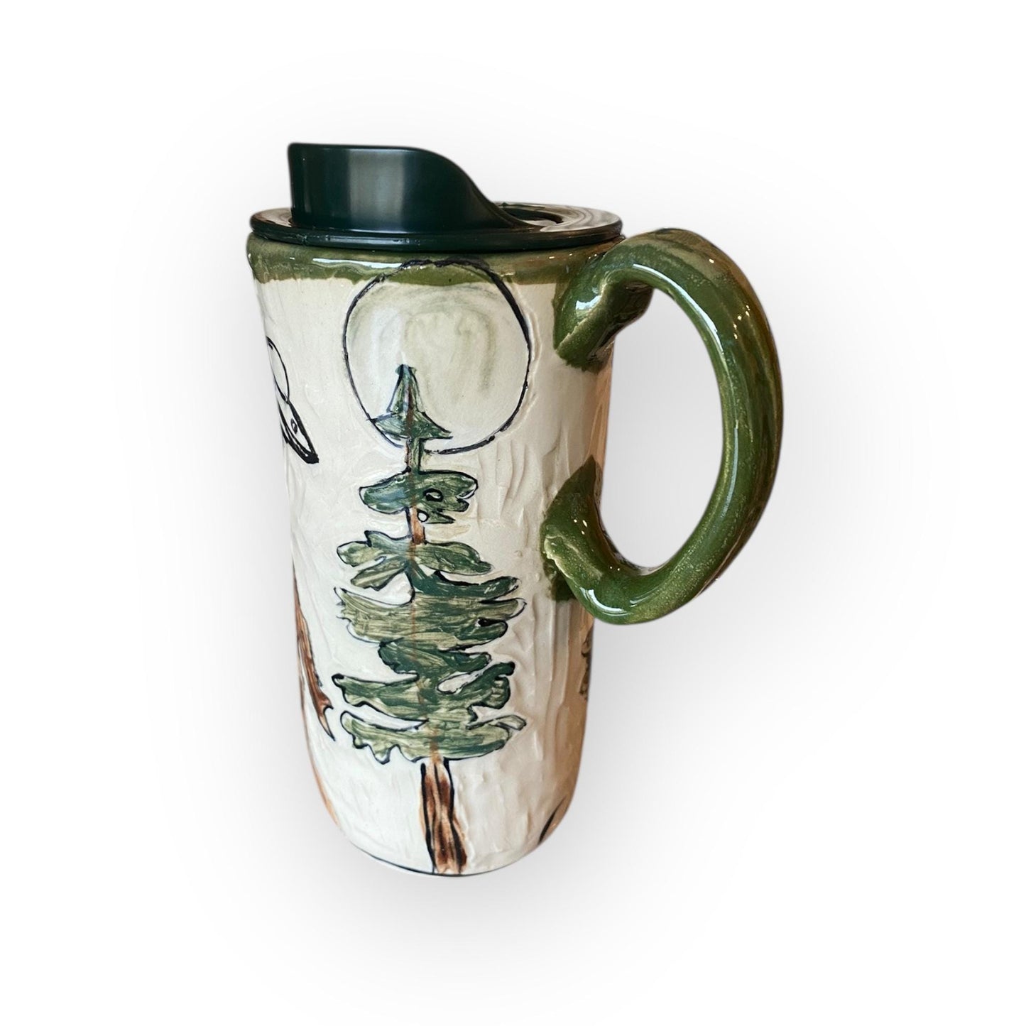 Hand-Painted Bigfoot and Alien Stoneware Travel Mug: Unique Ceramic Sasquatch Cup for Outdoor Enthusiasts