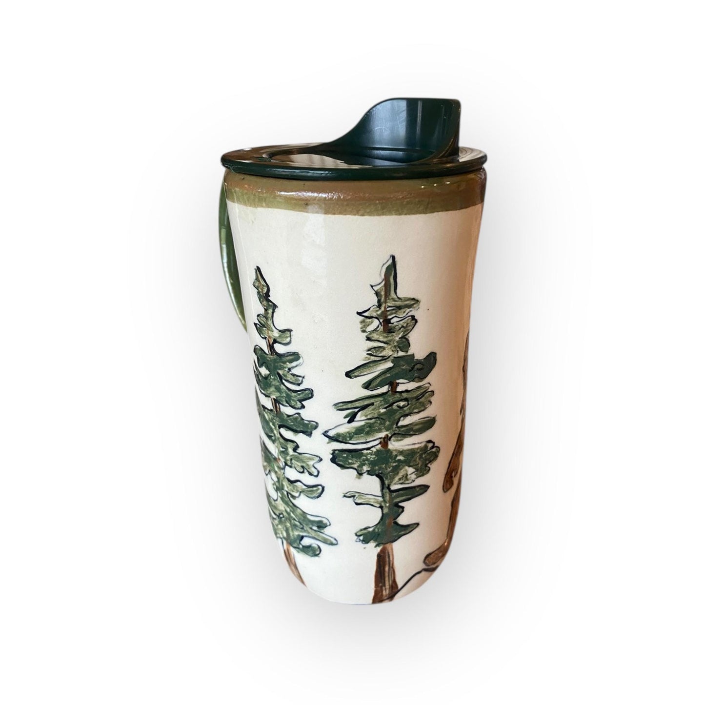 Hand-Painted Bigfoot and UFO Stoneware Travel Mug: Unique Ceramic Sasquatch Cup for Outdoor Enthusiasts