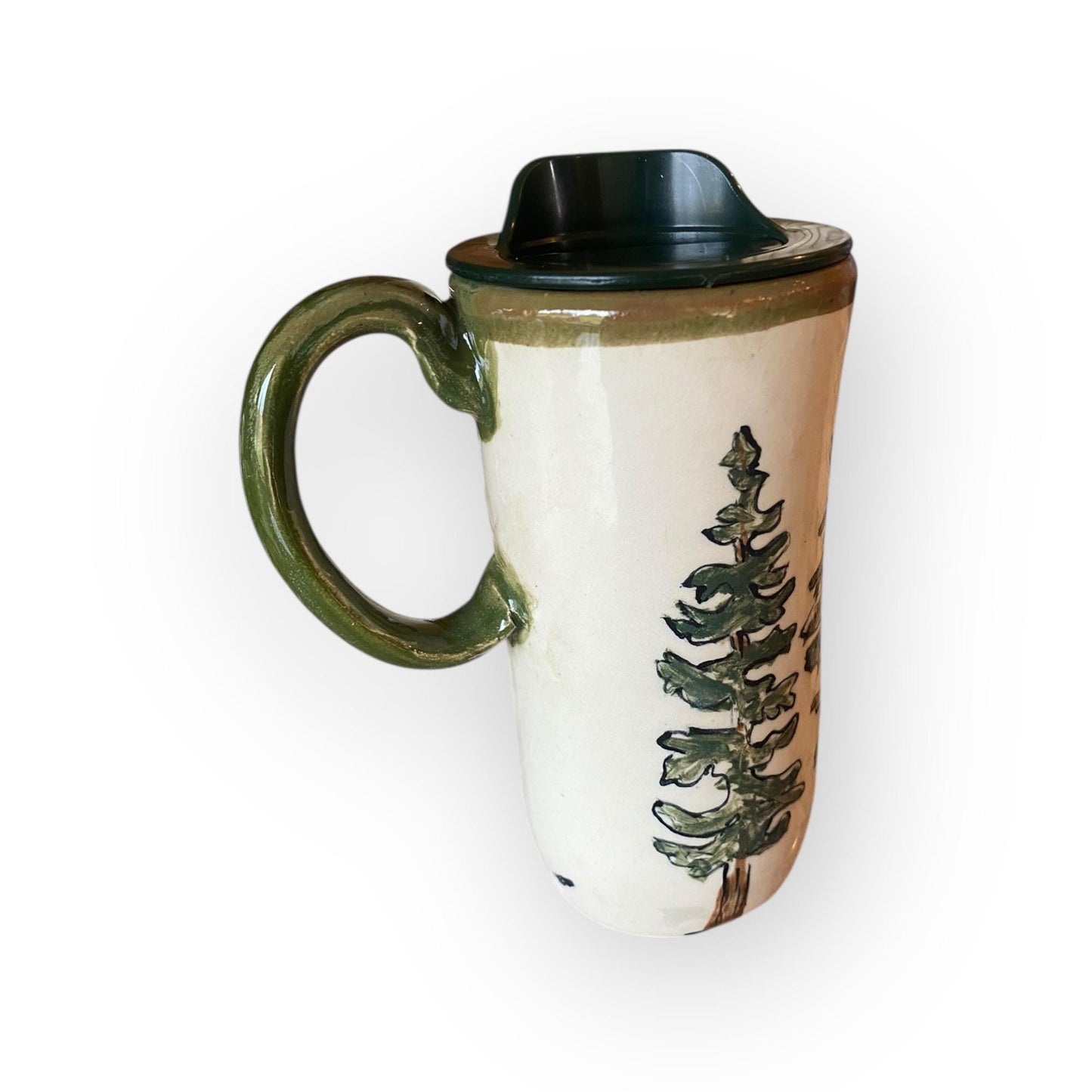 Hand-Painted Bigfoot and UFO Stoneware Travel Mug: Unique Ceramic Sasquatch Cup for Outdoor Enthusiasts