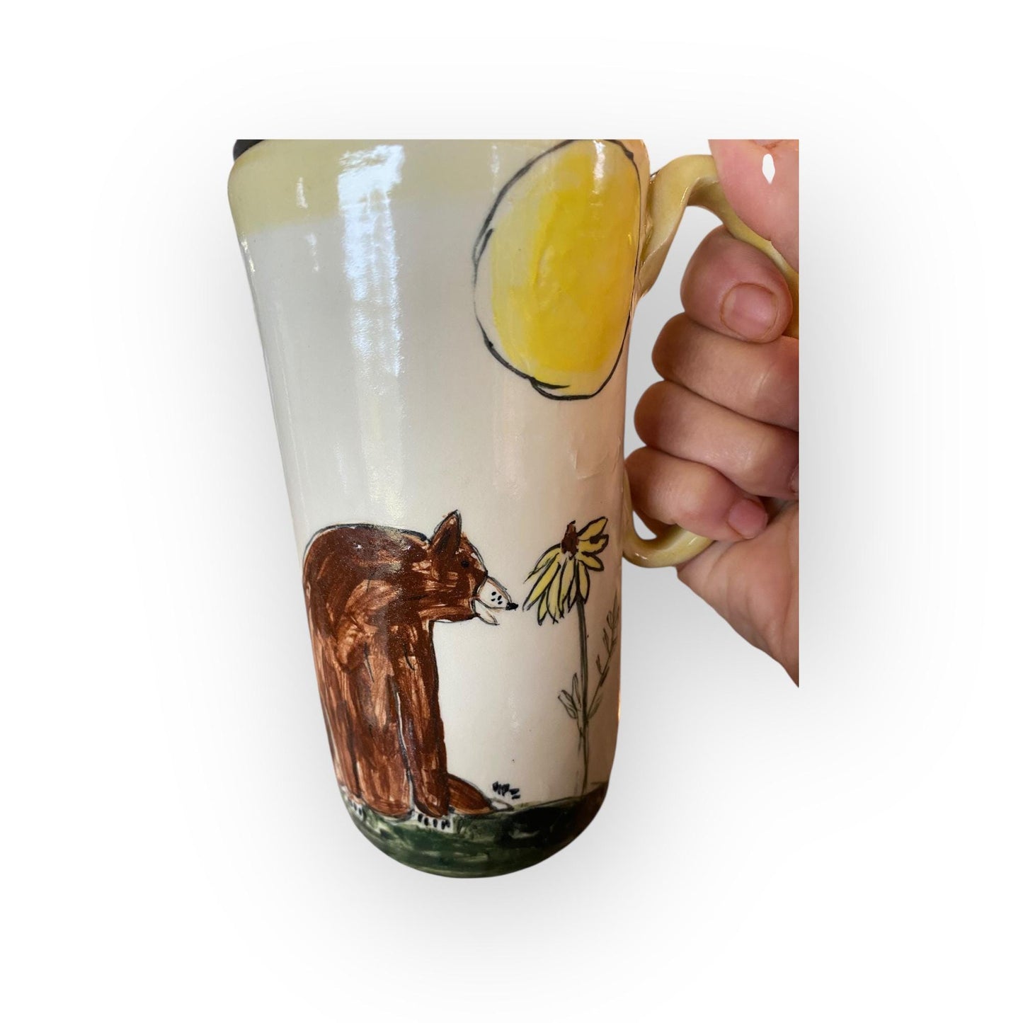 Handmade Bear Coffee Travel Mug - Hand Painted Ceramic Pottery Cup with Lid for Commuters