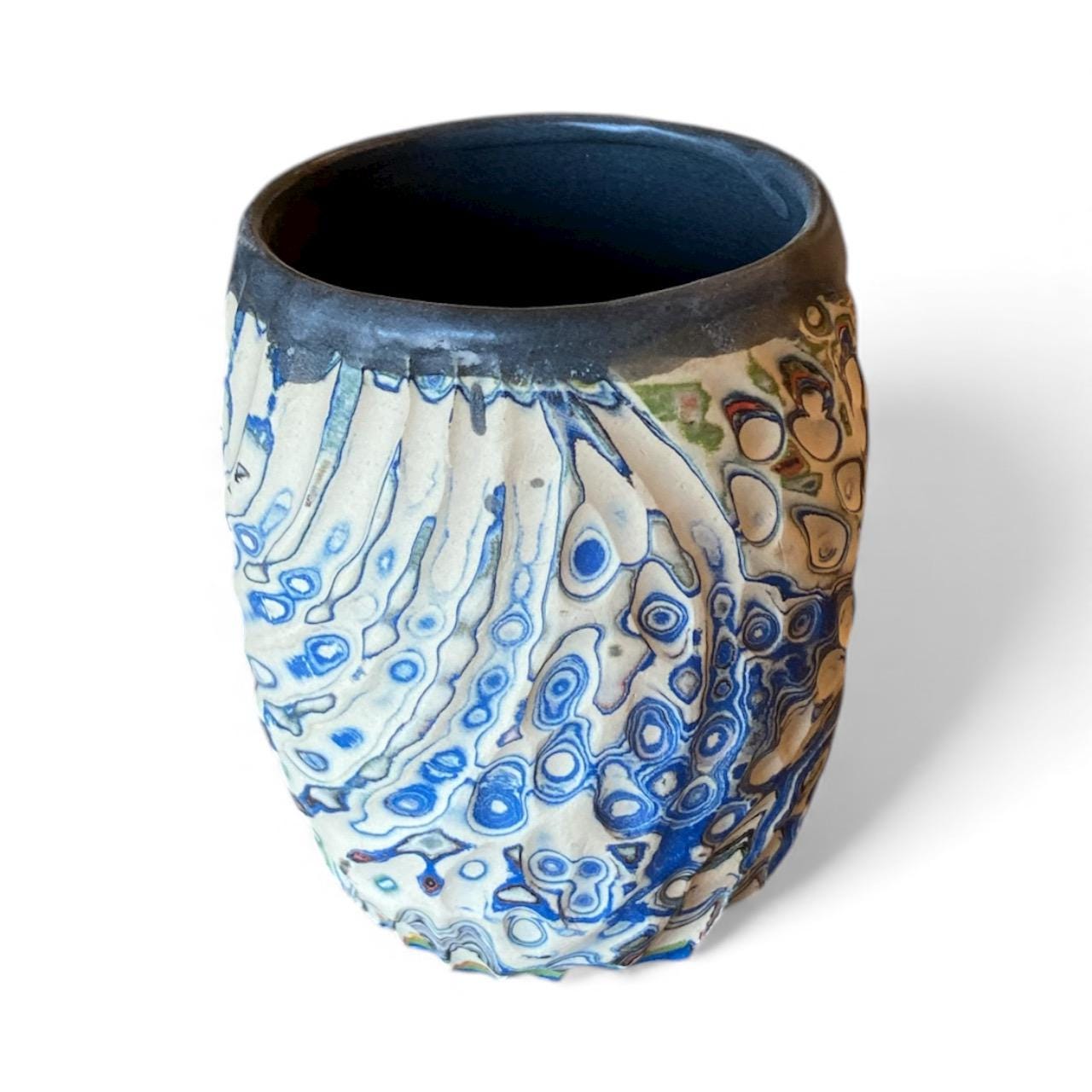 Handcrafted Stemless Agateware Wine Glass - 12oz Carved Ceramic Marbled Nerikomi Pottery Barware - (C2)