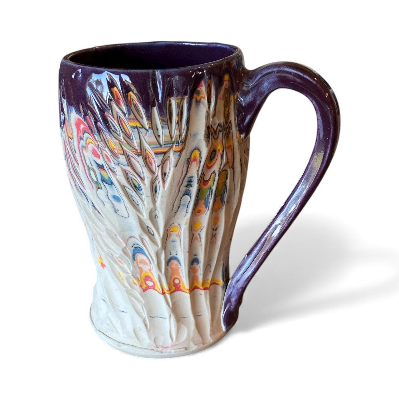 Handmade 17 Ounce Carved Nerikomi Coffee Mug With Rainbow Clay Colors (C6)