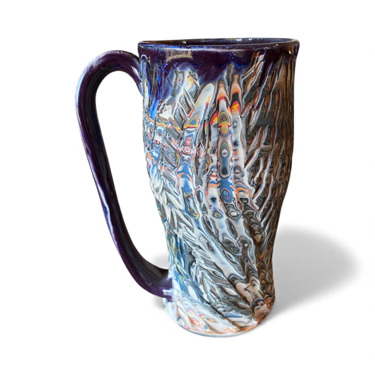 Handmade 17 Ounce Carved Nerikomi Coffee Mug Rainbow Clay Colors Pottery Stoneware Cup