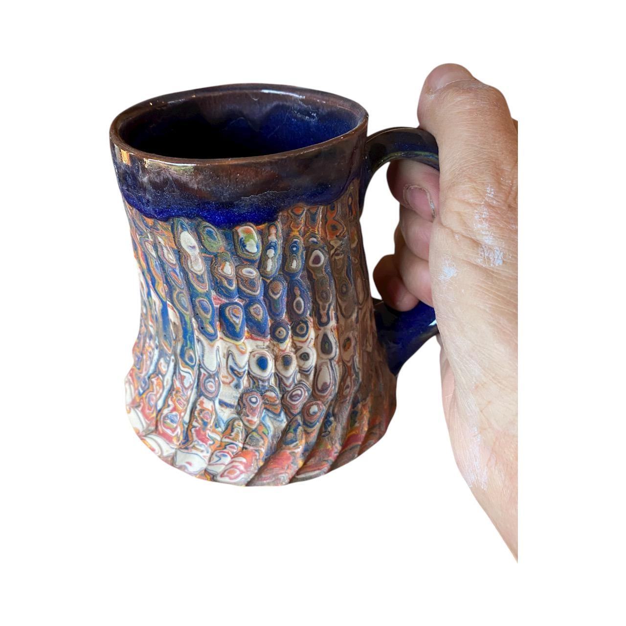Handcrafted Agateware Stoneware Travel Mug: Fluted Pottery Coffee Cup with Blue Accents (C-9)