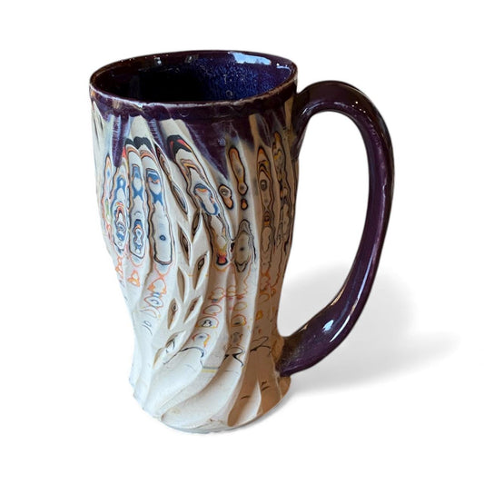 Handmade 16 Ounce Carved Nerikomi Coffee Mug With Rainbow Clay Colors