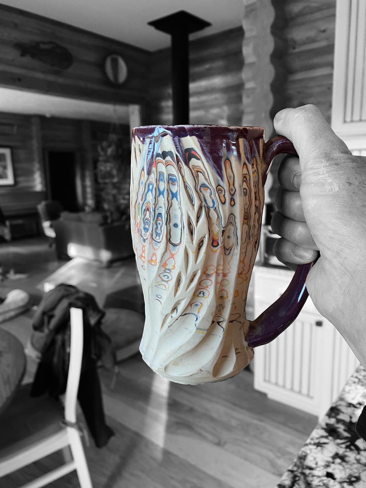 Handmade 16 Ounce Carved Nerikomi Coffee Mug With Rainbow Clay Colors