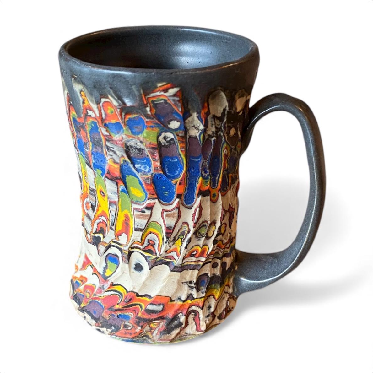 Handcrafted Handcarved Porcelain Travel Mug: Fluted Pottery Coffee Cup with Gray Accents (C13)