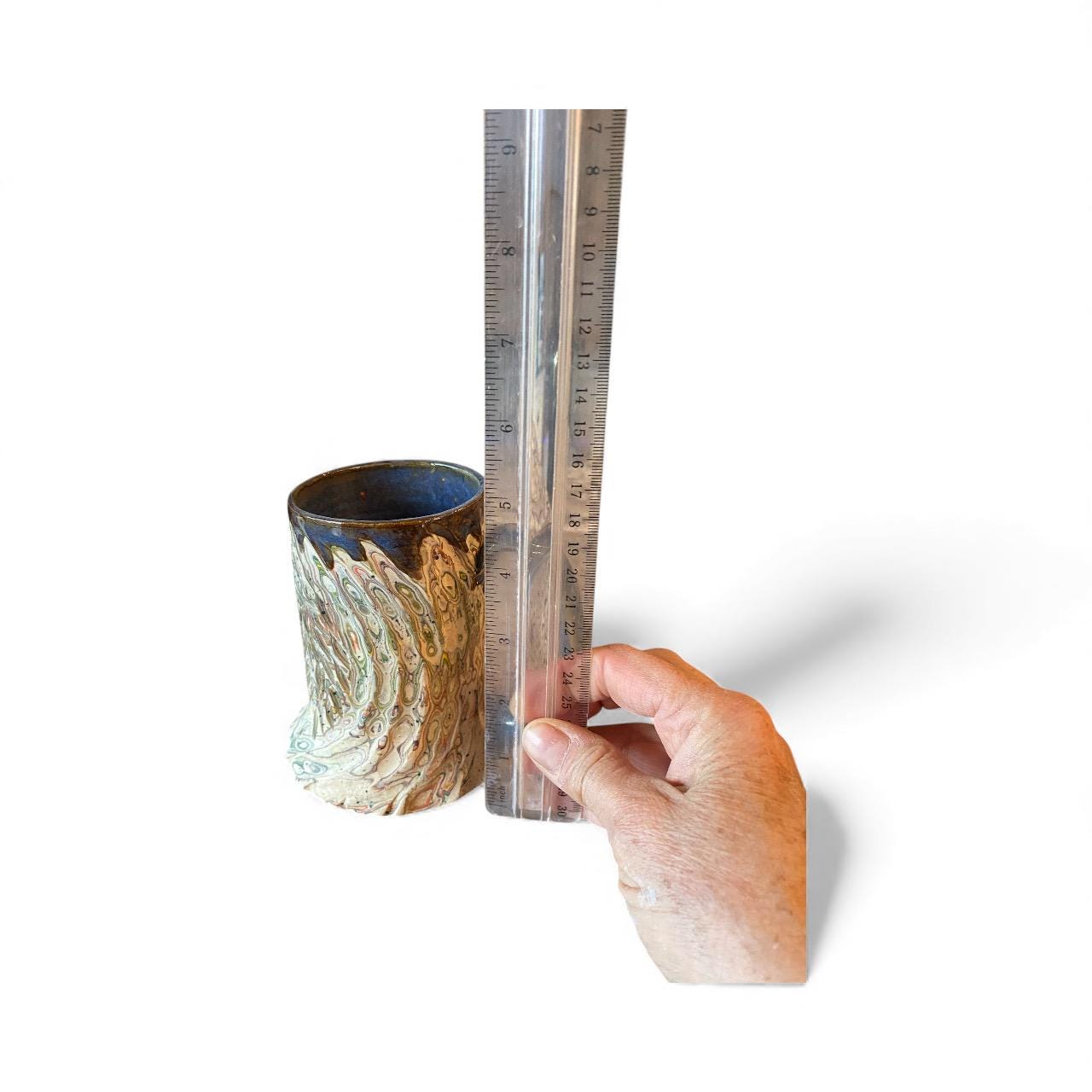 Handcrafted Handcarved Porcelain Travel Mug: Fluted Pottery Coffee Cup with Blue Accents (C-14)