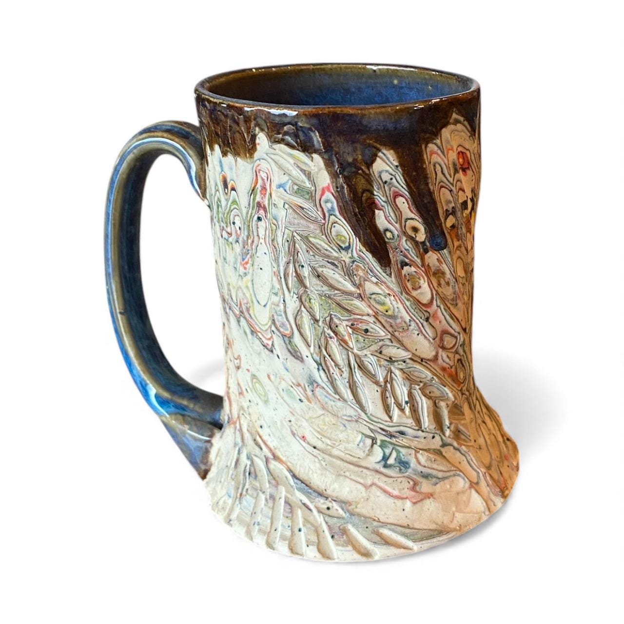 Handcrafted Handcarved Porcelain Travel Mug: Fluted Pottery Coffee Cup with Blue Accents (C-14)