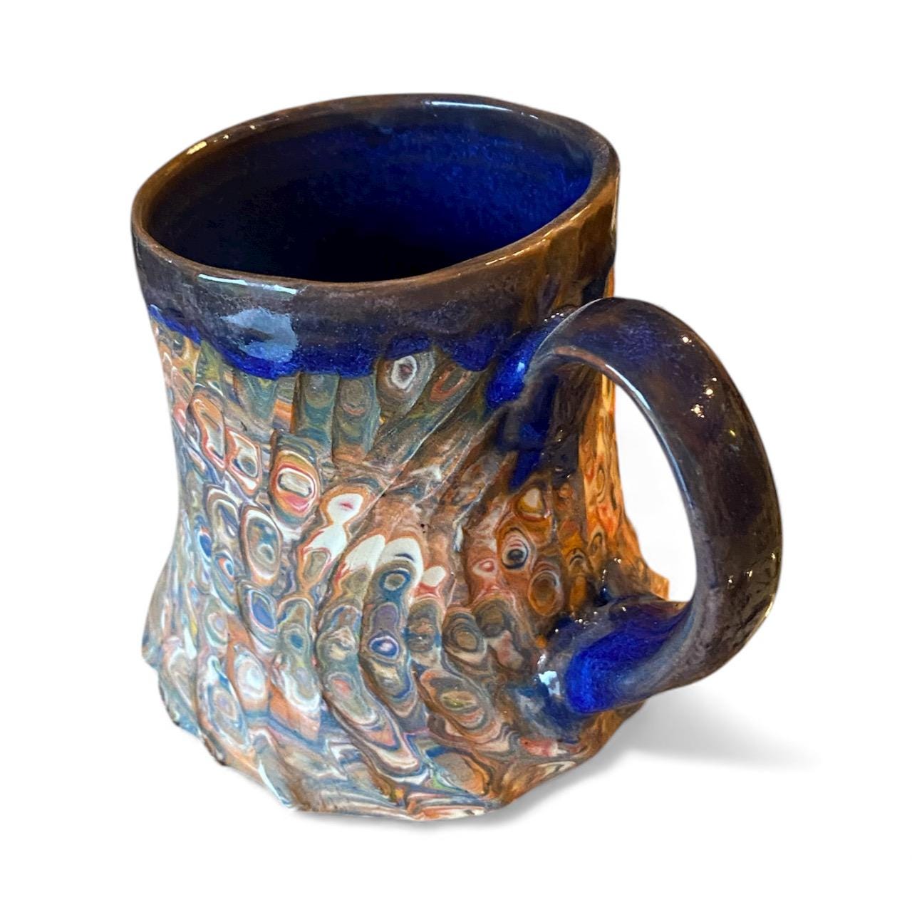 Handcrafted Agateware Stoneware Travel Mug: Fluted Pottery Coffee Cup with Blue Accents (C-9)