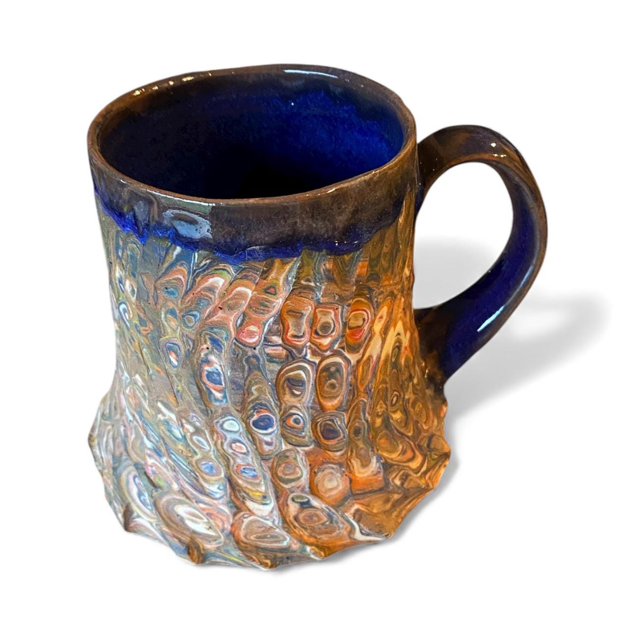 Handcrafted Agateware Stoneware Travel Mug: Fluted Pottery Coffee Cup with Blue Accents (C-15)
