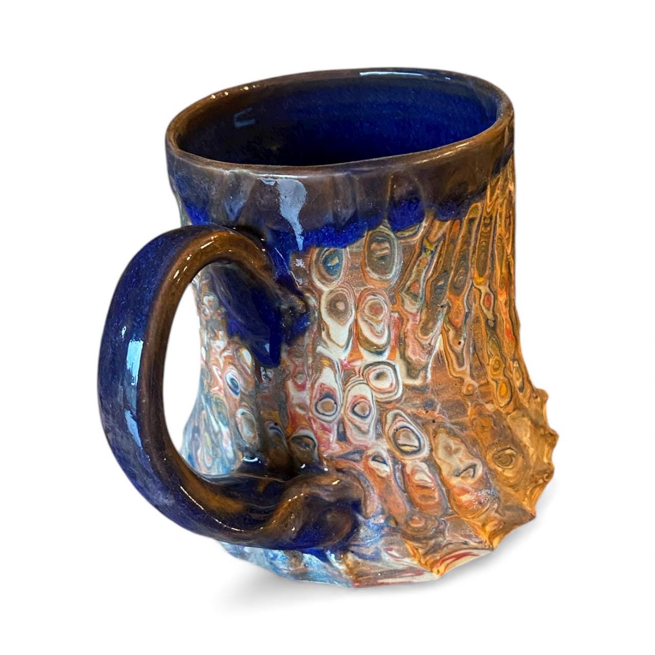 Handcrafted Agateware Stoneware Travel Mug: Fluted Pottery Coffee Cup with Blue Accents (C-15)
