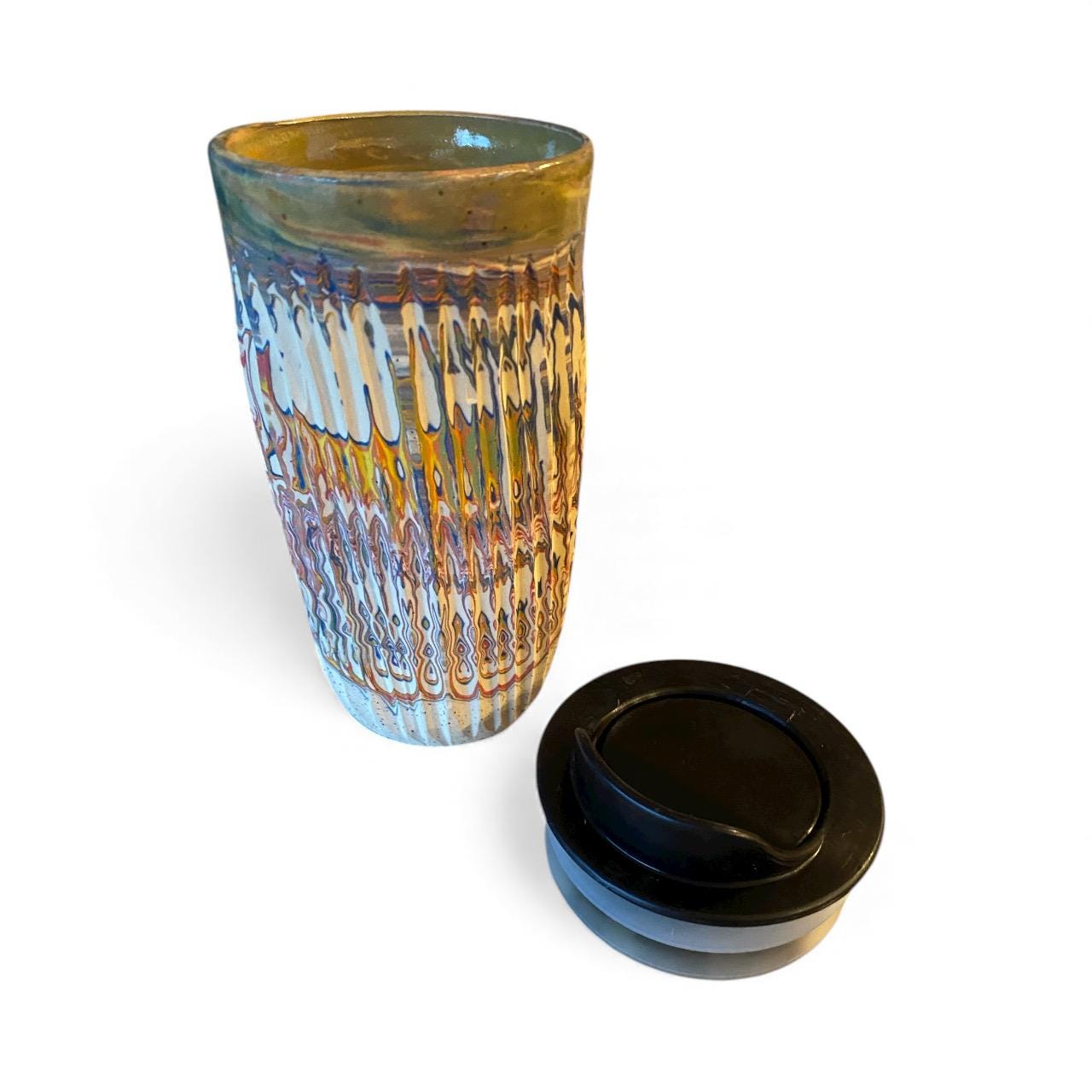 Handmade Agateware Ceramic Travel Mug 16oz Stoneware Locking Lid Coffee Cup Pottery Commuter Drinkware