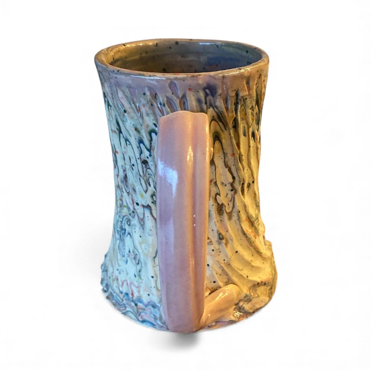 Handcrafted Handcarved Porcelain Travel Mug: Fluted Pottery Coffee Cup with Lavendar Accents (C-17)