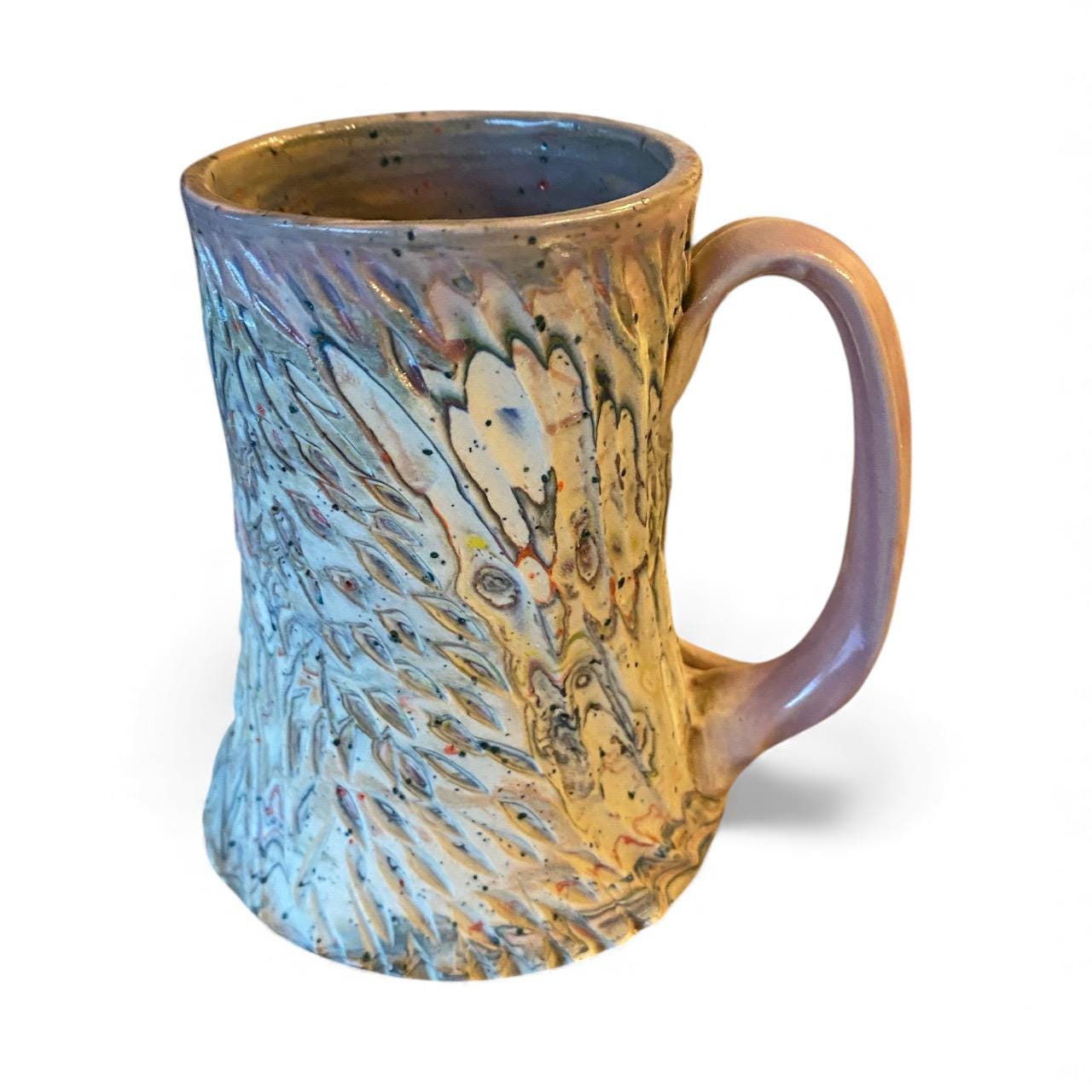 Handcrafted Handcarved Porcelain Travel Mug: Fluted Pottery Coffee Cup with Lavendar Accents (C-17)
