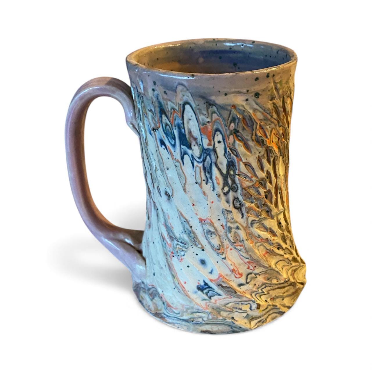 Handcrafted Handcarved Porcelain Travel Mug: Fluted Pottery Coffee Cup with Lavendar Accents (C17)