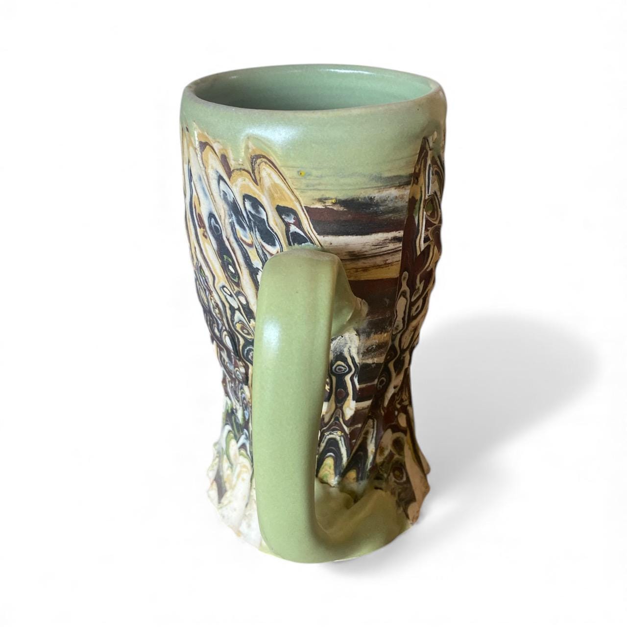 Artisanal Greens and Browns Neriage Porcelain Mug: Hand-Carved Pottery for Tea and Coffee (C21)
