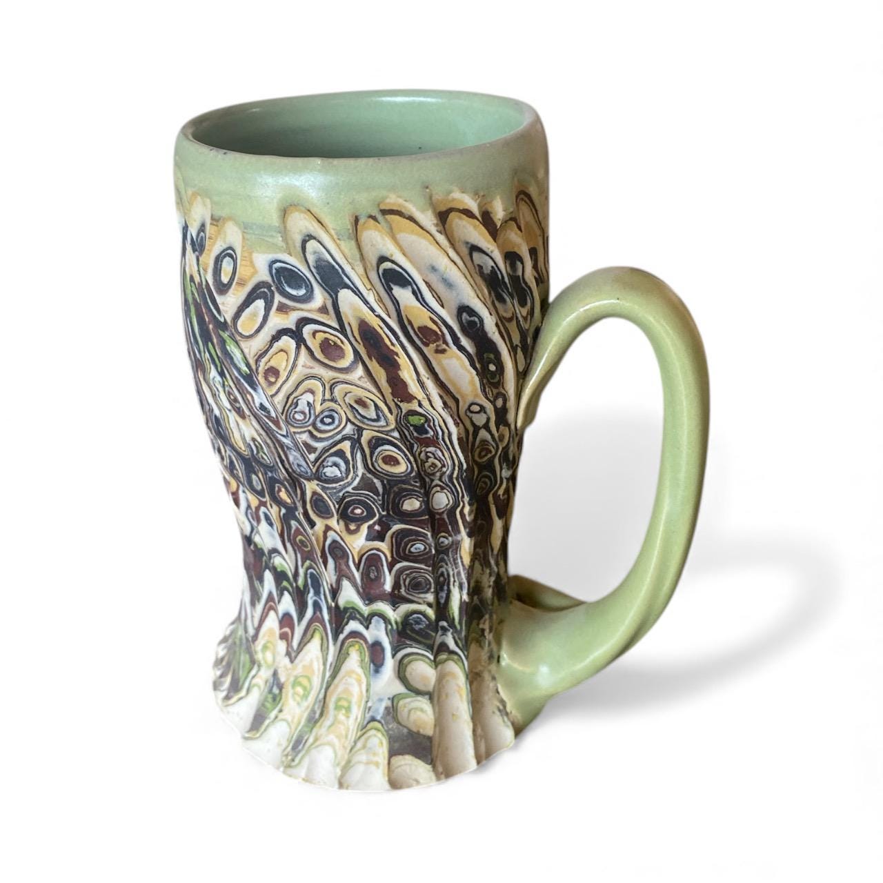 Artisanal Greens and Browns Neriage Porcelain Mug: Hand-Carved Pottery for Tea and Coffee (C-21)