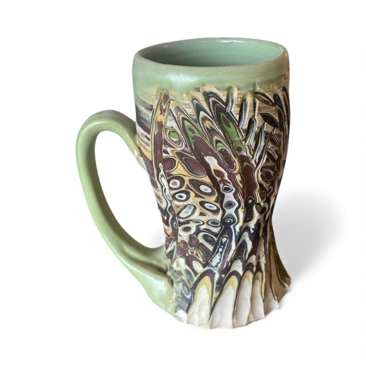 Artisanal Greens and Browns Neriage Porcelain Mug: Hand-Carved Pottery for Tea and Coffee (C21)