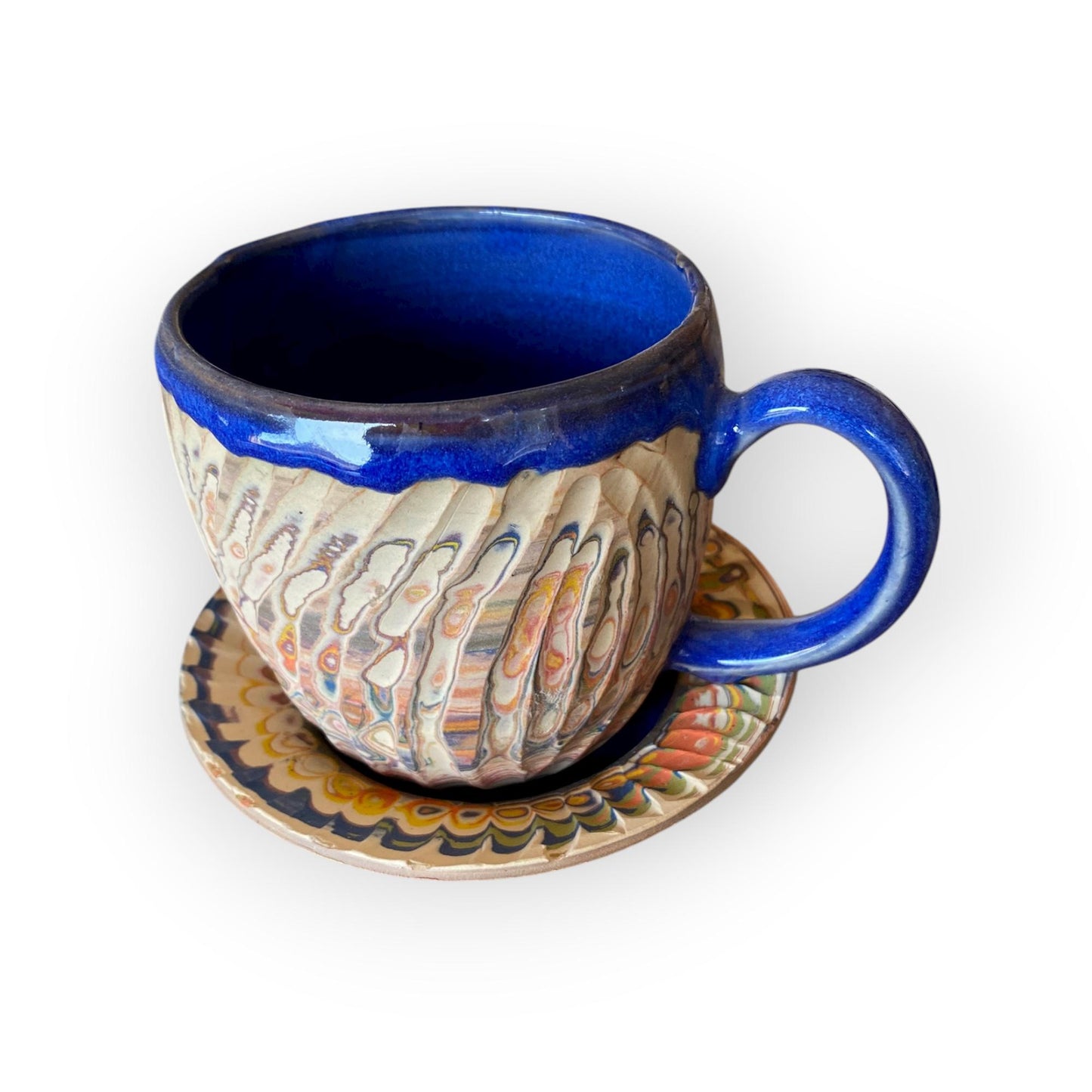 Artisanal Rainbow Agateware Tea Cup Set: Handcrafted Stoneware Pottery for Collectors & Enthusiasts (C-24)
