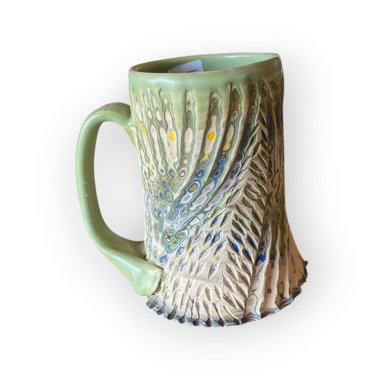 Artisanal Neriage Green and Pastel Porcelain Marbled Mug: 16 Ounce Hand-Carved Mug (C25)