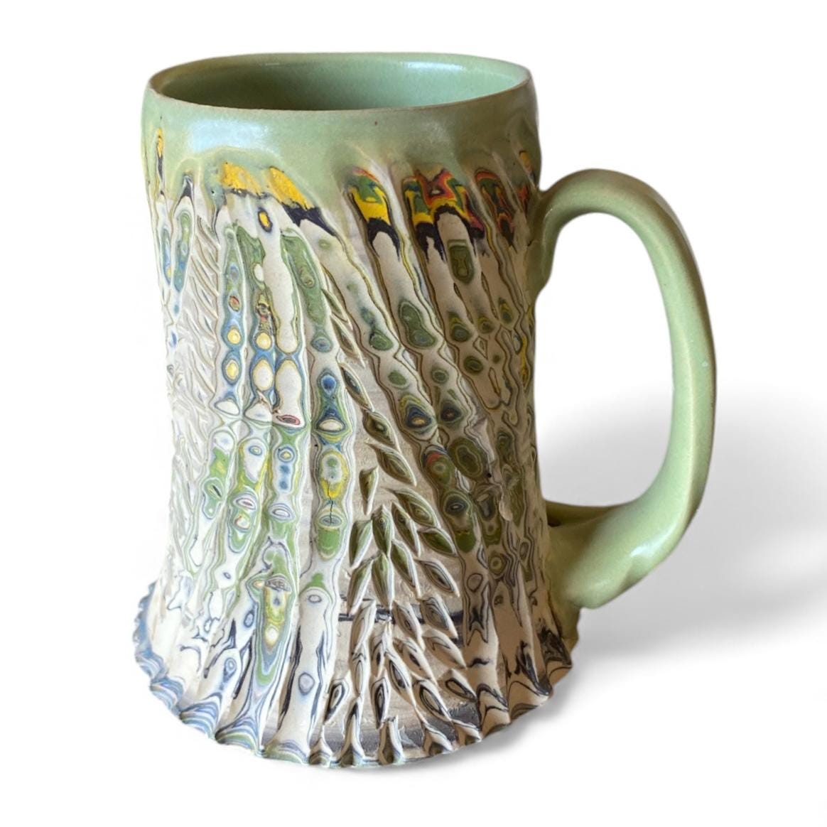 Artisanal Neriage Green and Pastel Porcelain Marbled Mug: 16 Ounce Hand-Carved Mug (C-25)