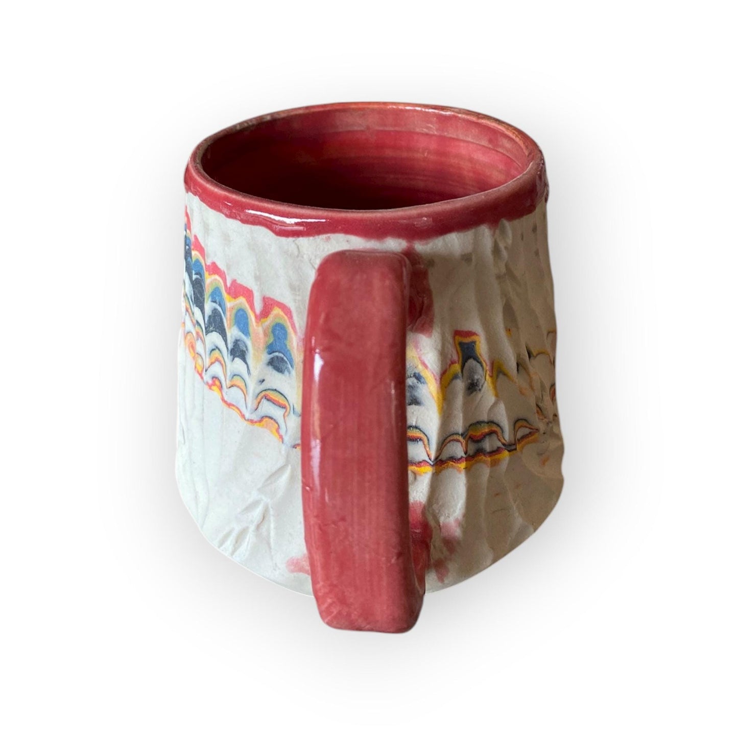 Handcrafted Agateware 8-Ounce Porcelain Mug: Fluted Pottery Coffee Cup with Red Accents (C-28)
