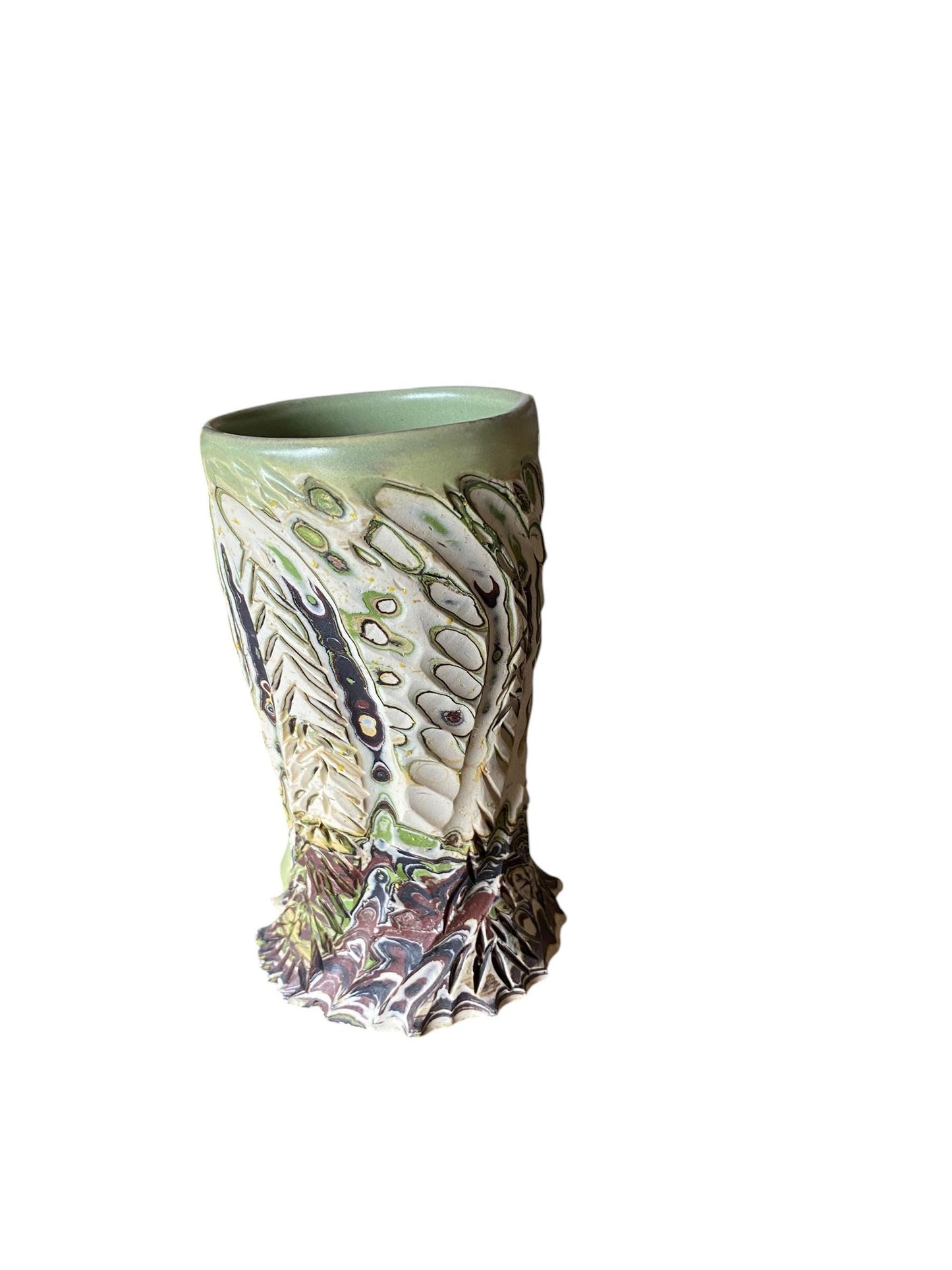 Artisanal Greens and Browns Neriage Porcelain Mug: Hand-Carved Pottery for Tea and Coffee (C36)