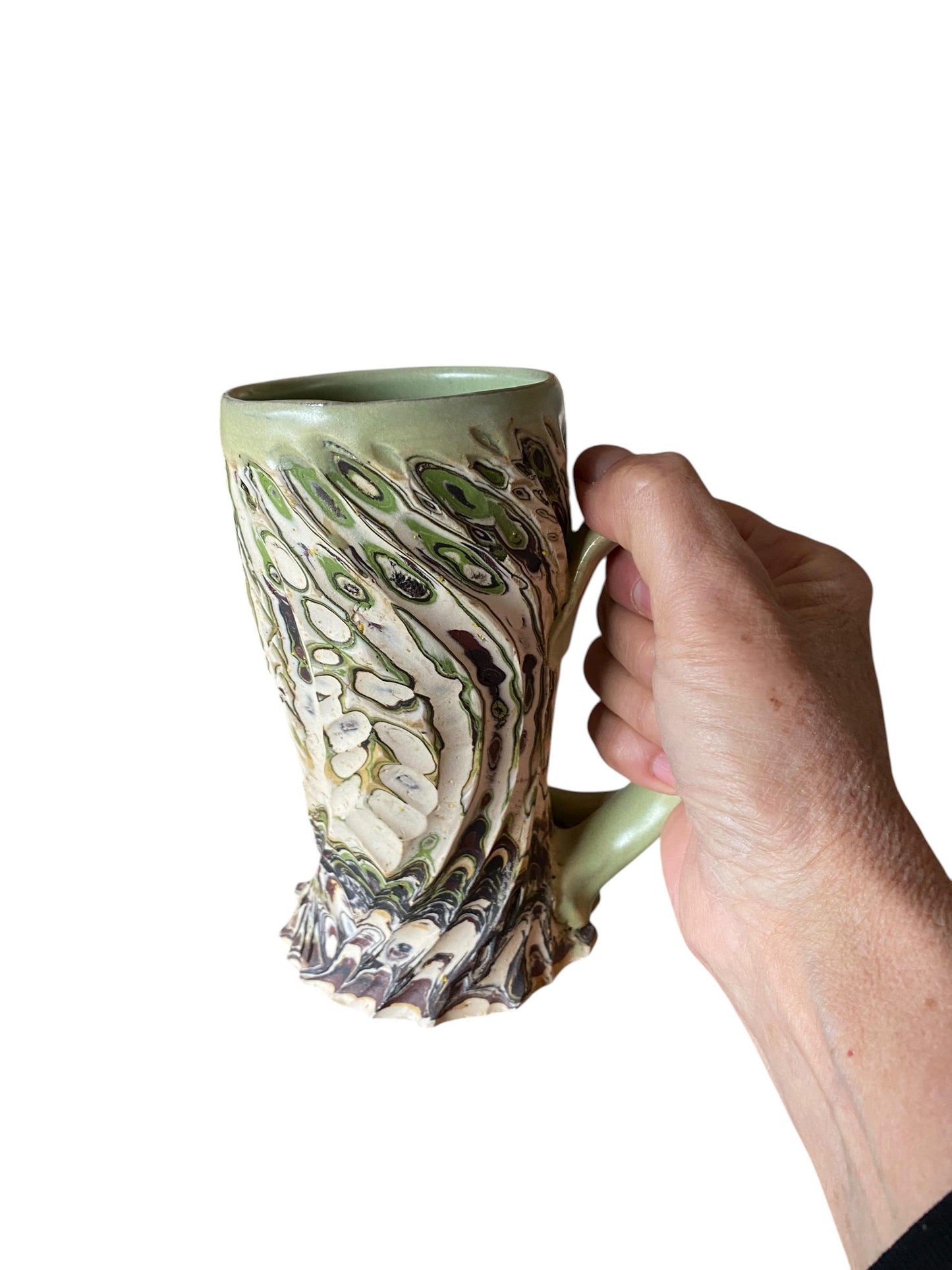 Artisanal Greens and Browns Neriage Porcelain Mug: Hand-Carved Pottery for Tea and Coffee (C36)