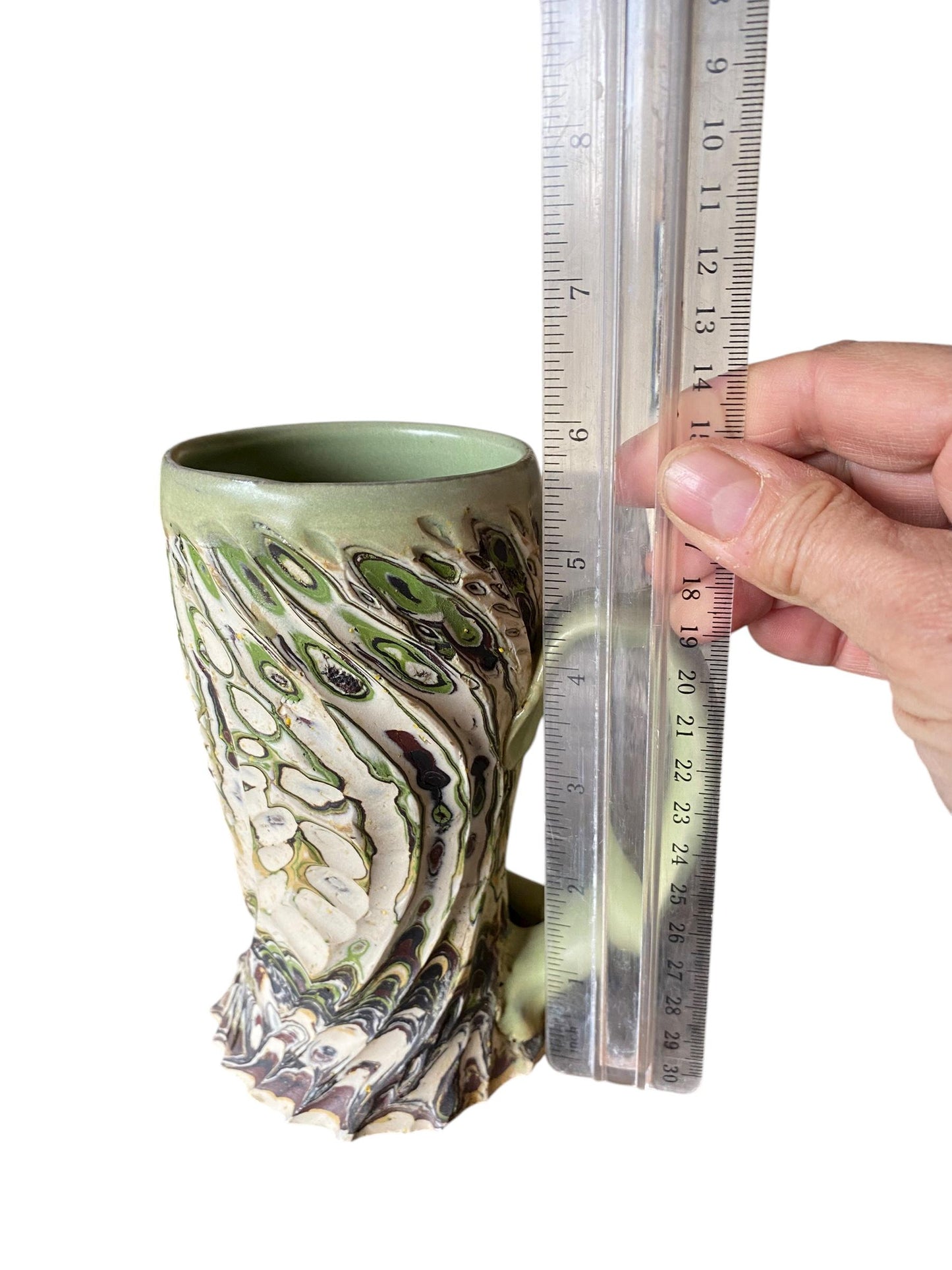 Artisanal Greens and Browns Neriage Porcelain Mug: Hand-Carved Pottery for Tea and Coffee (C36)