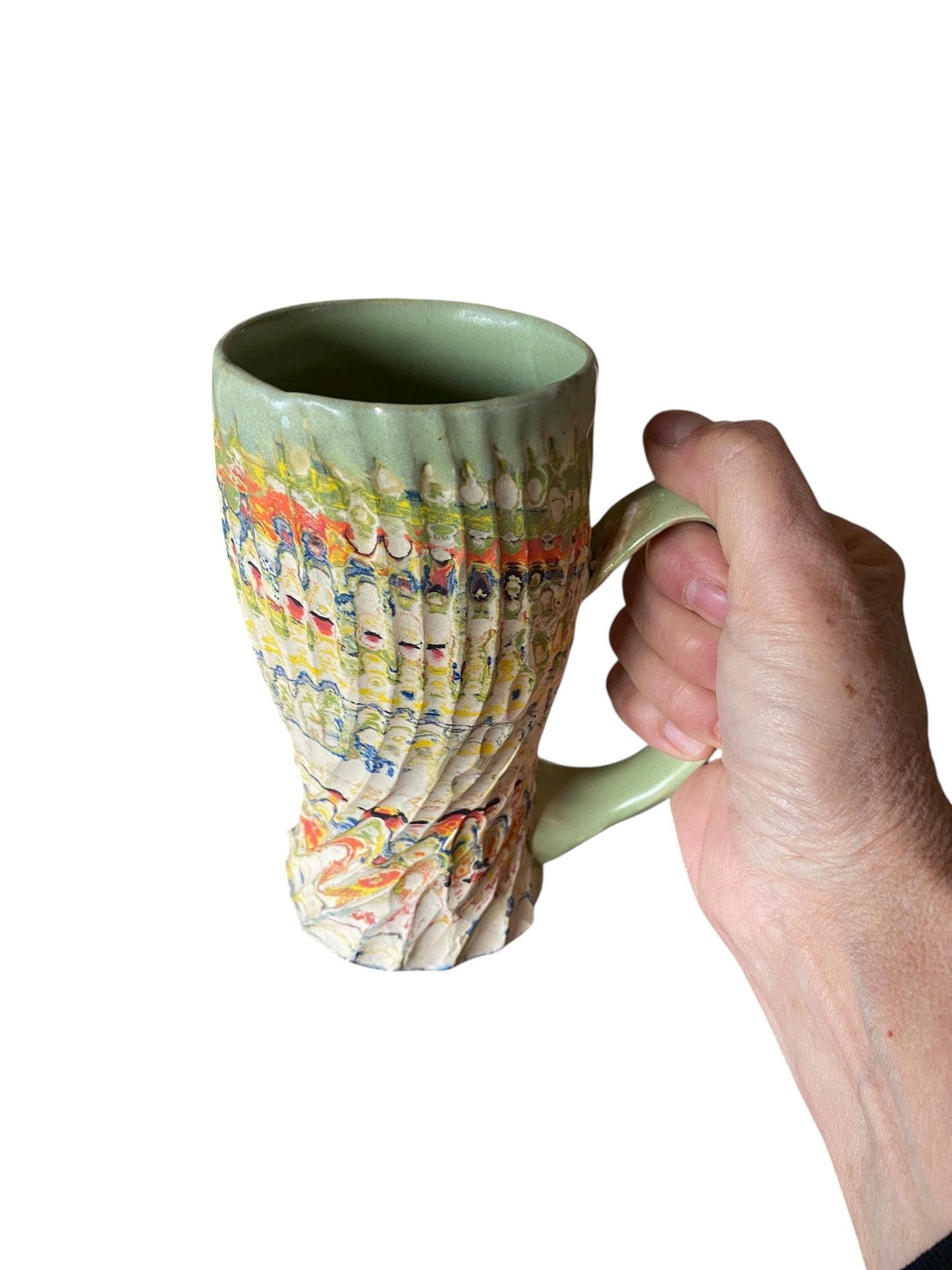 Artisanal Greens and Browns Neriage Porcelain Mug: Hand-Carved Pottery for Tea and Coffee (C37)