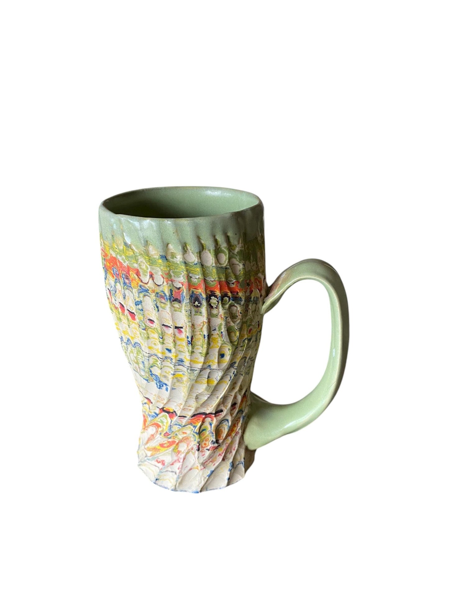 Artisanal Greens and Browns Neriage Porcelain Mug: Hand-Carved Pottery for Tea and Coffee (C-37)