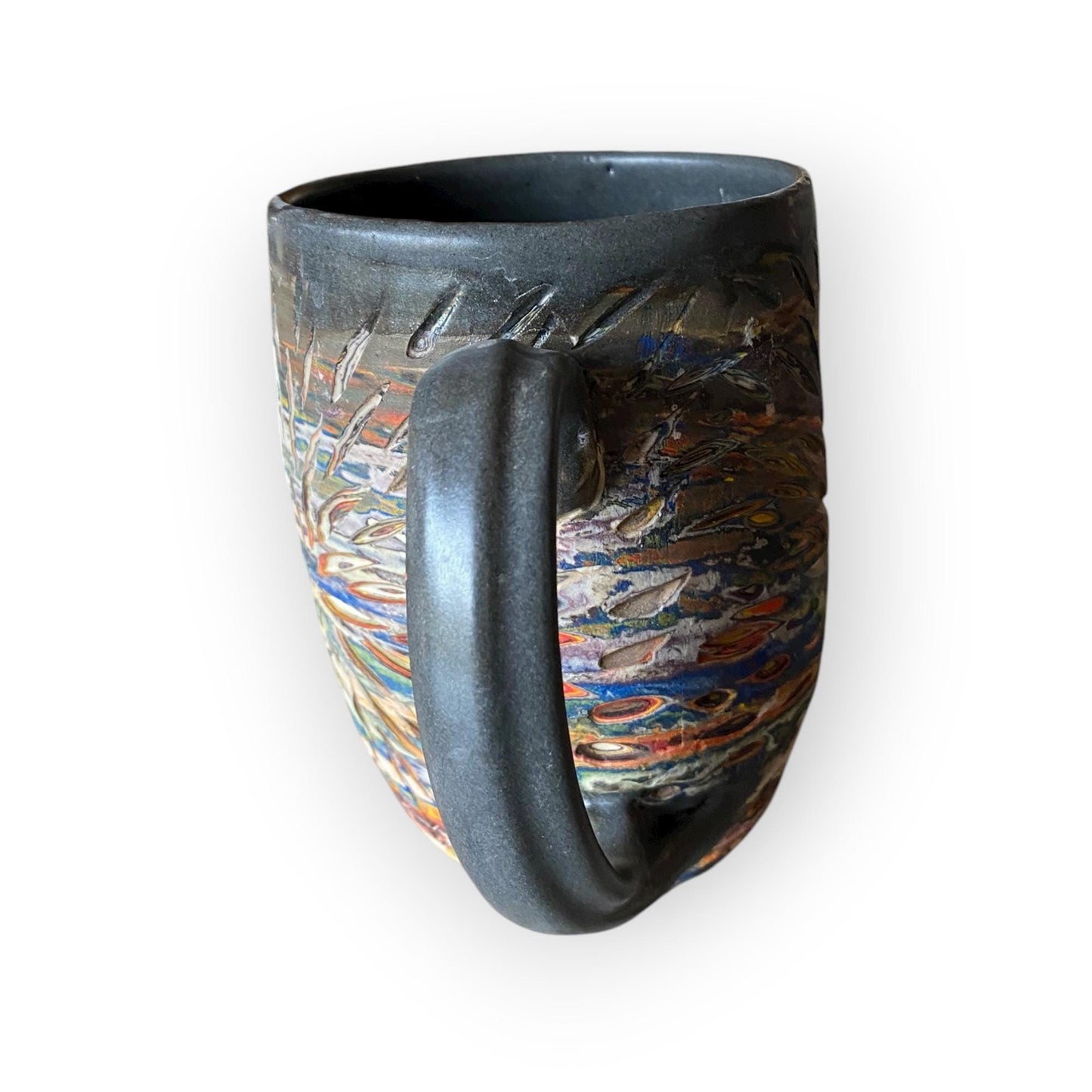 Handcrafted 16oz Turquoise Agateware Mug - Unique Carved Pottery for Coffee & Tea Lovers (C-38)