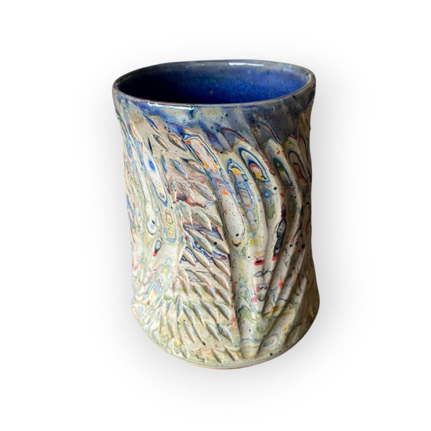 Handcrafted Handcarved Porcelain Travel Mug: Fluted Pottery Coffee Cup with Blue Accents (C39)