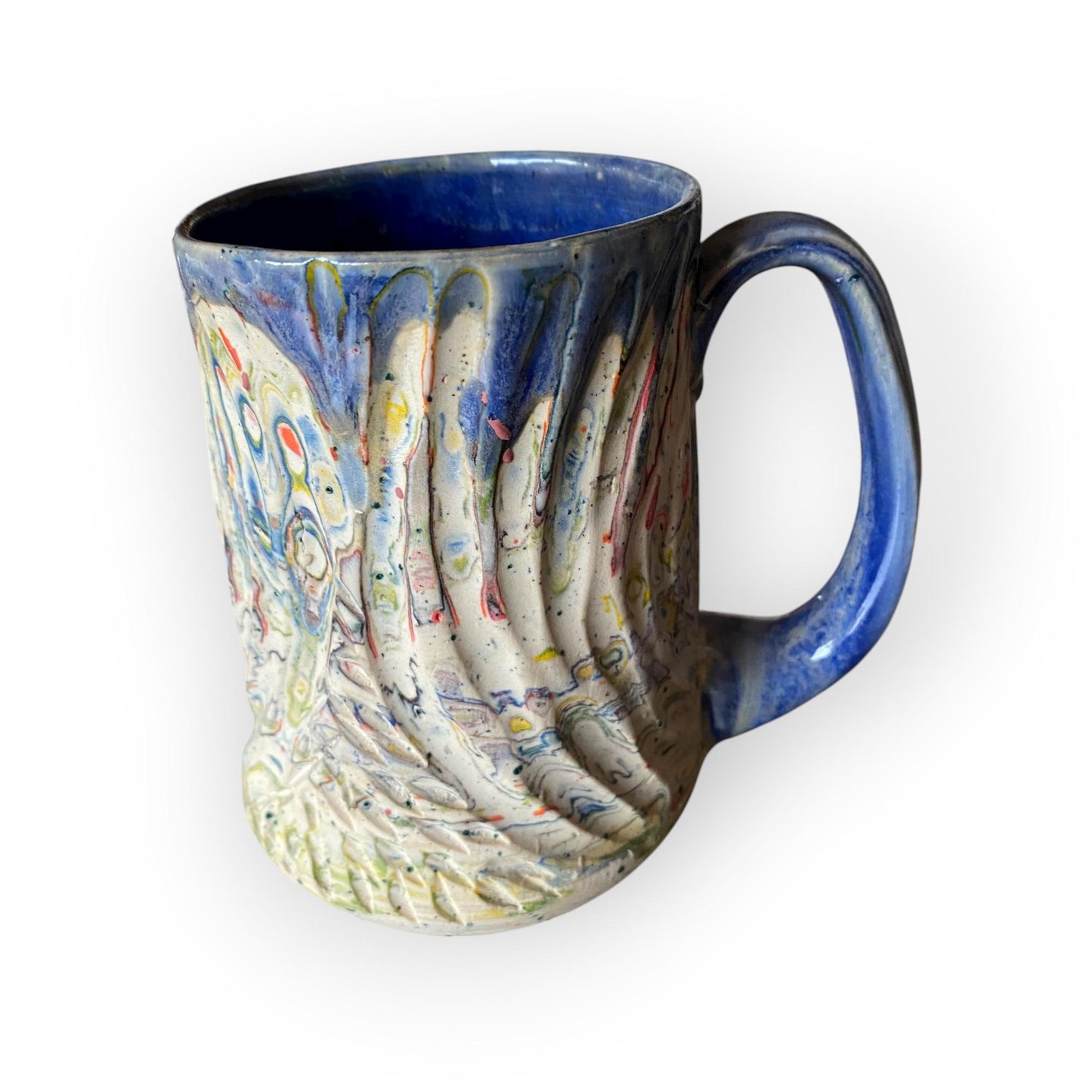 Handcrafted Handcarved Porcelain Travel Mug: Fluted Pottery Coffee Cup with Blue Accents (C39)