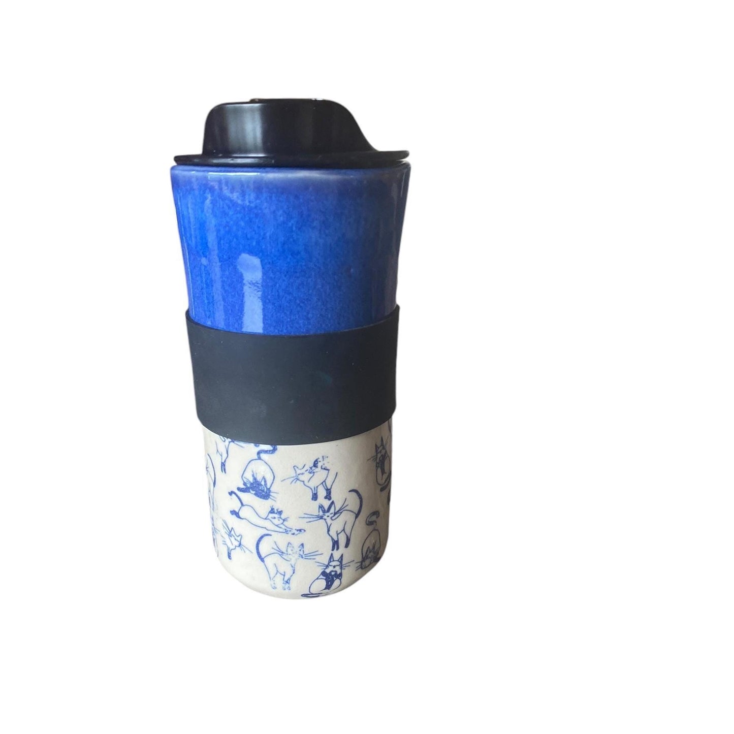 Handmade Blue Porcelain Travel Coffee Mug with Cat Design - Ceramic Pottery Cup for Commuters
