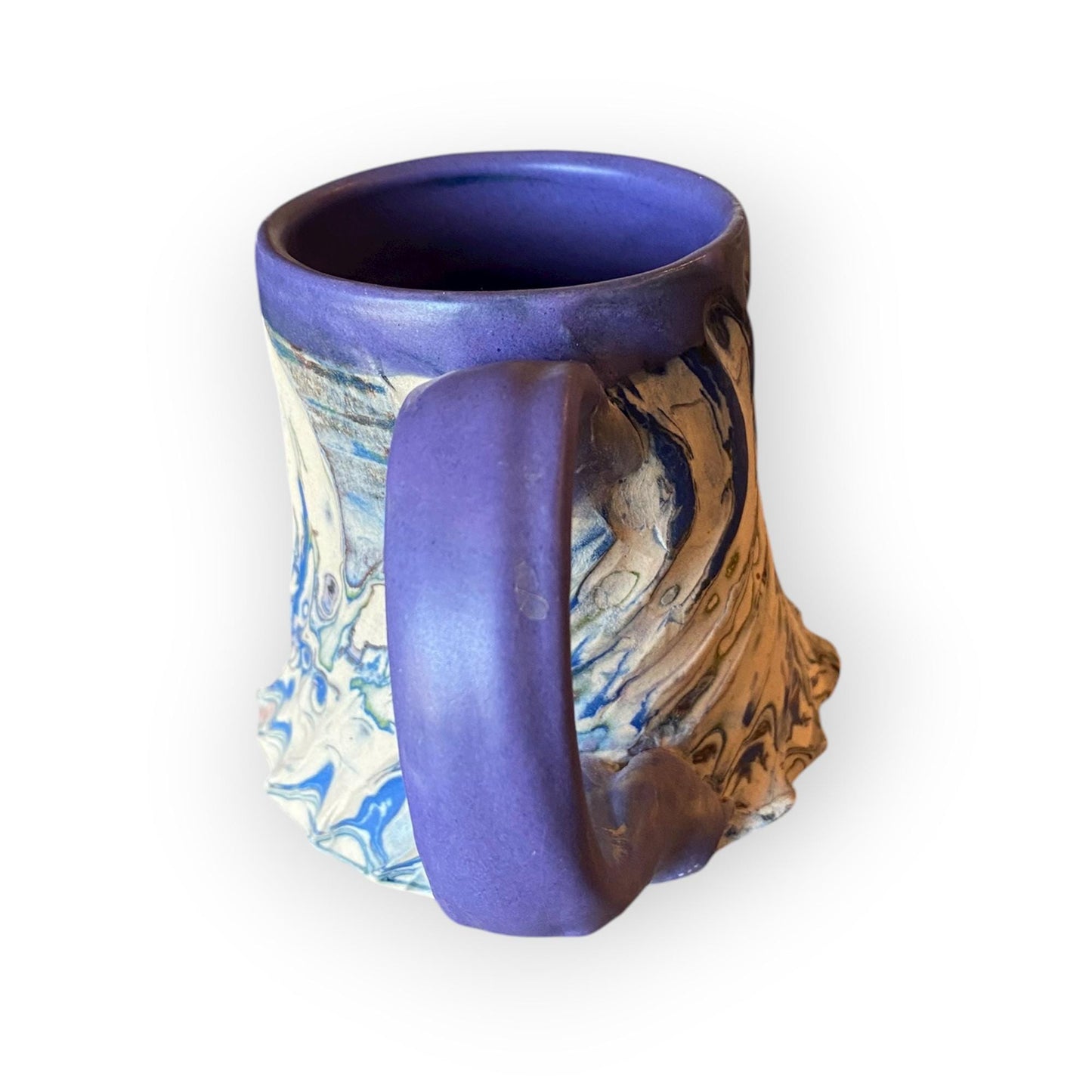 Handcrafted Handcarved 10 Ounce Porcelain Travel Mug: Pottery Coffee Cup with Purple Accents (C41)