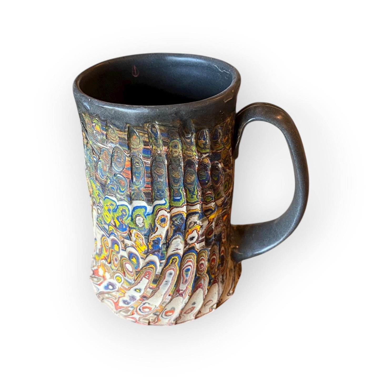 Handcrafted Handcarved Porcelain Travel Mug: Fluted Pottery Coffee Cup with Gray Accents (C53)
