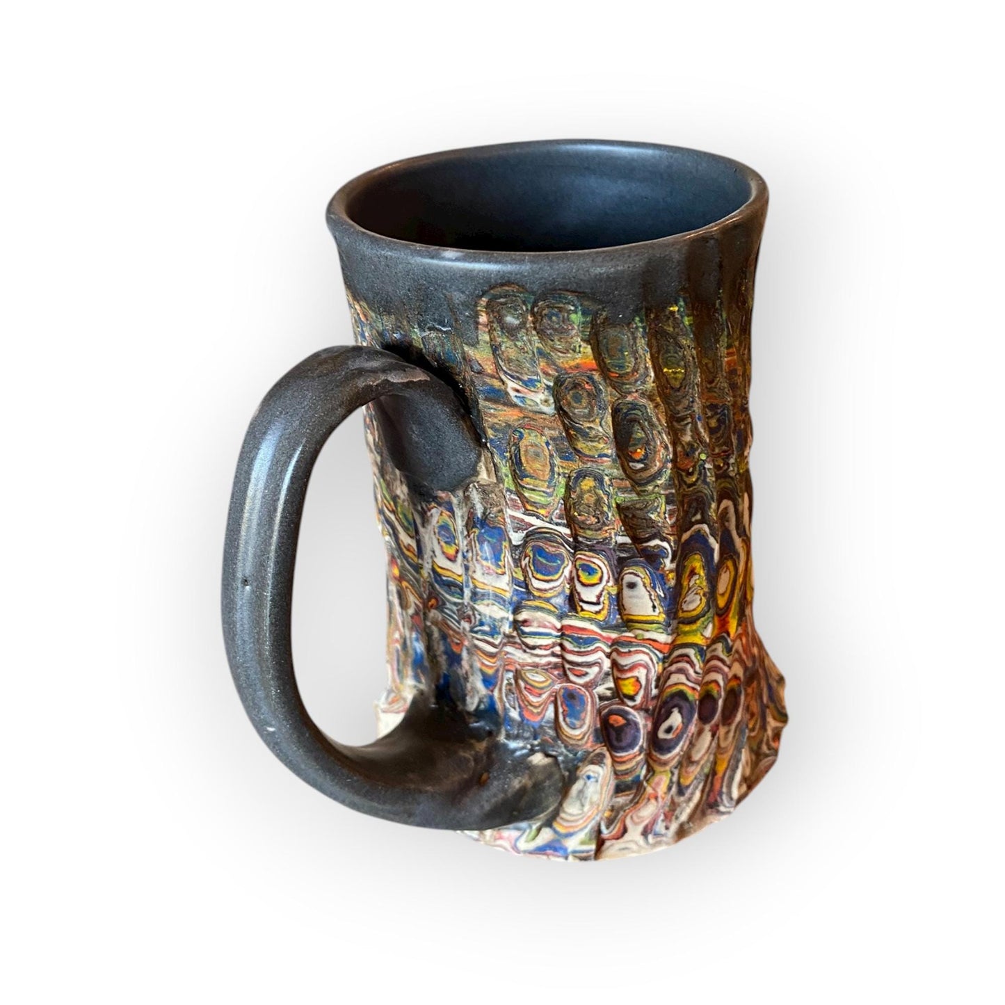 Handcrafted Handcarved Porcelain Travel Mug: Fluted Pottery Coffee Cup with Gray Accents (C53)