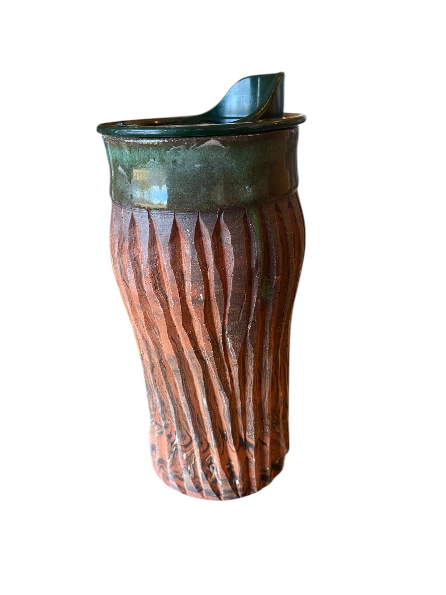 Handcrafted Hand Carved 16 Ounce Forest Green Travel Mug (B-3)