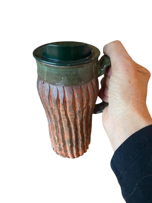 Handcrafted Hand Carved 16 Ounce Forest Green Travel Mug (B-3)