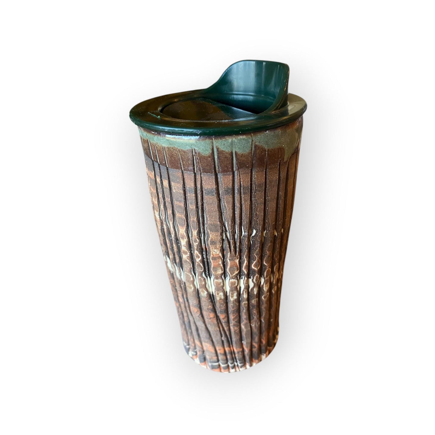 Handmade Agateware Stoneware Travel Mug 16 Ounce Fluted Pottery Coffee Cup Turquoise Custom (B-8)