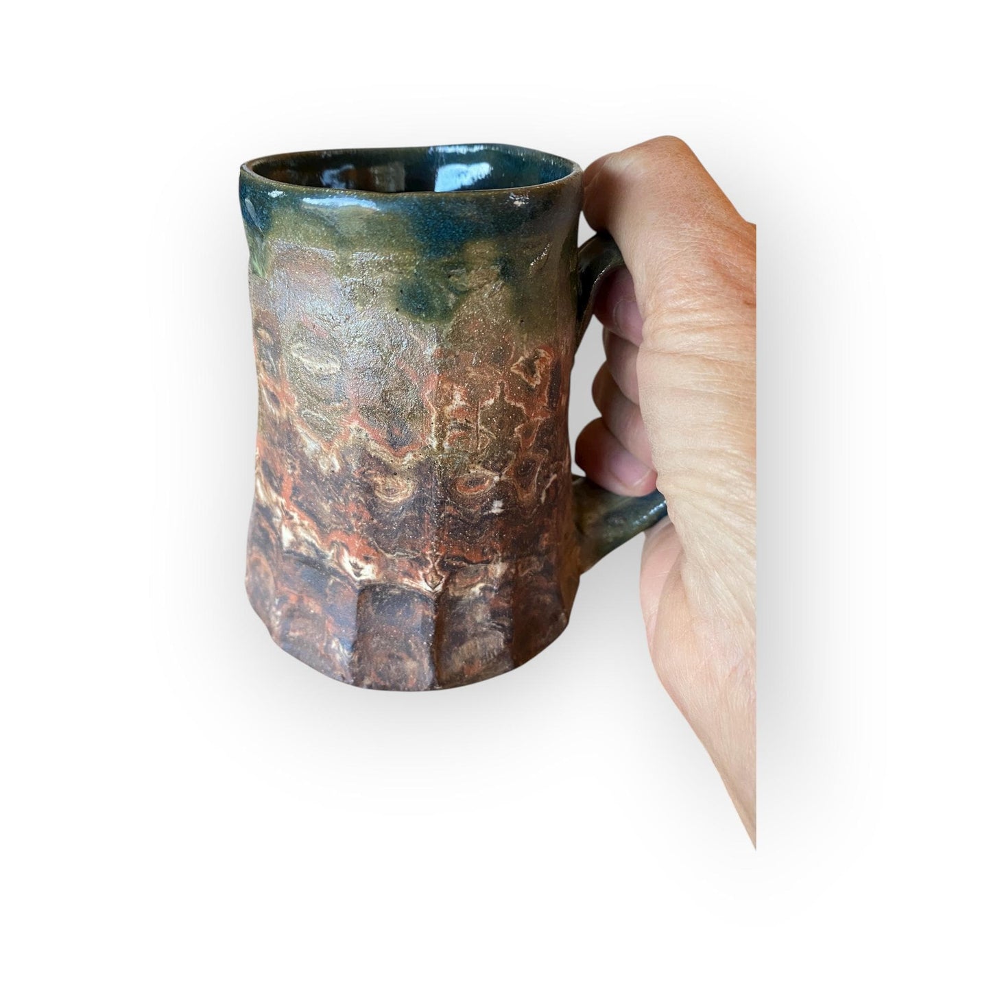 Fluted Stoneware Mug – Marbled Colored Clays with Japanese Neriage, Hand-Carved, Satin-Smooth Unglazed Pottery (B-12)