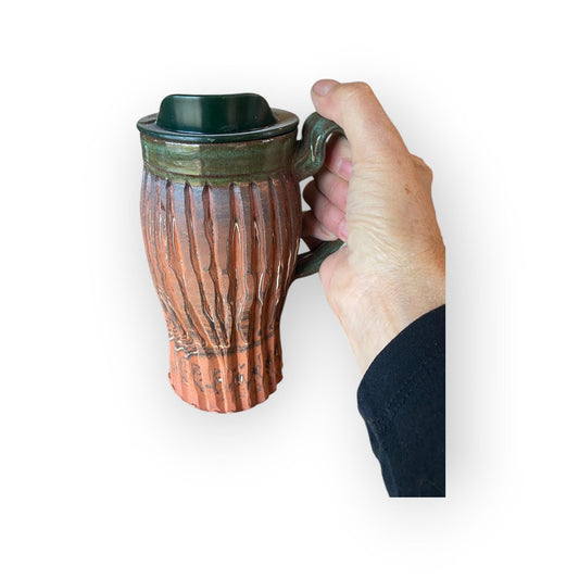 Handcrafted Hand Carved 16 Ounce Forest Green Travel Mug (B-15)