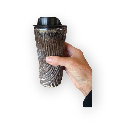 Handmade 16 Ounce Agateware Travel Mug - Carved Pottery Mug, Thrown Stoneware Commuter Tumbler (B-16)