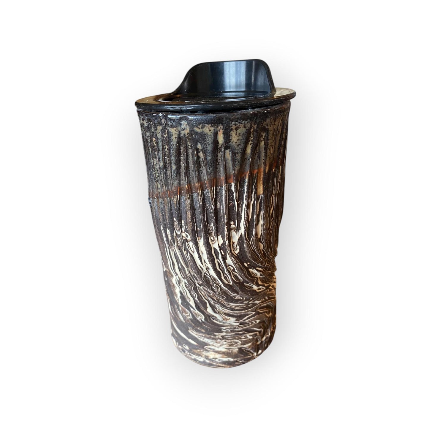 Handmade Agateware Travel Mug - Carved Pottery Coffee Cup, Hand Thrown Stoneware Commuter Tumbler (B-17)