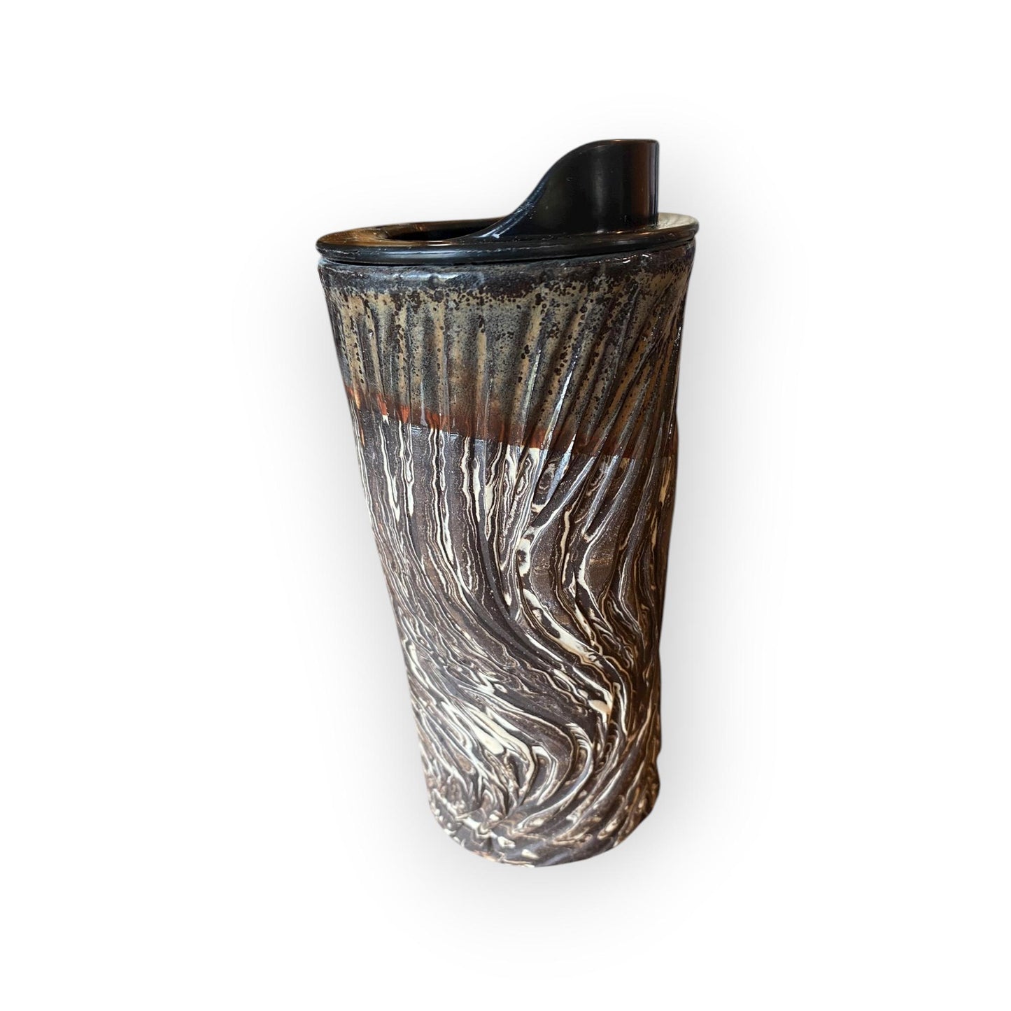 Handmade Agateware Travel Mug - Carved Pottery Coffee Cup, Hand Thrown Stoneware Commuter Tumbler (B-17)