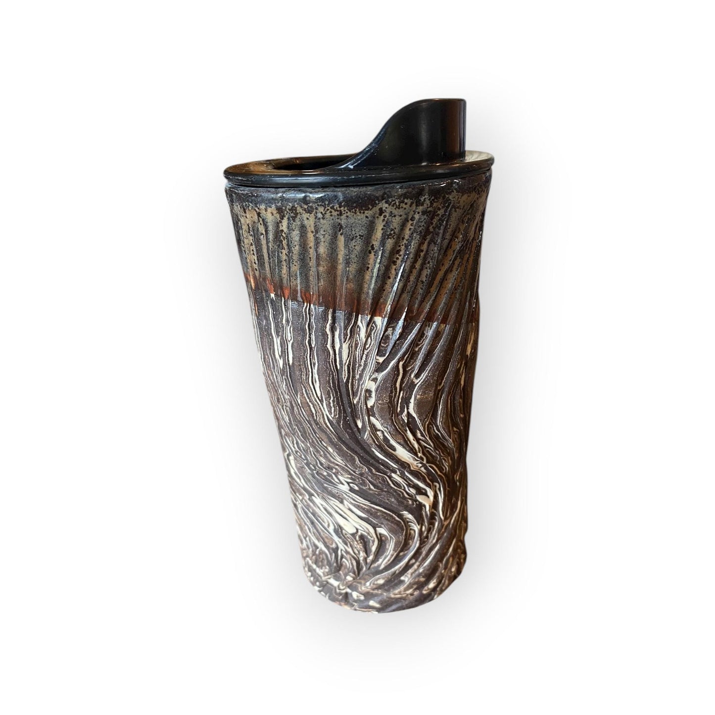 Handmade Agateware Travel Mug - Carved Pottery Coffee Cup, Hand Thrown Stoneware Commuter Tumbler (B-17)