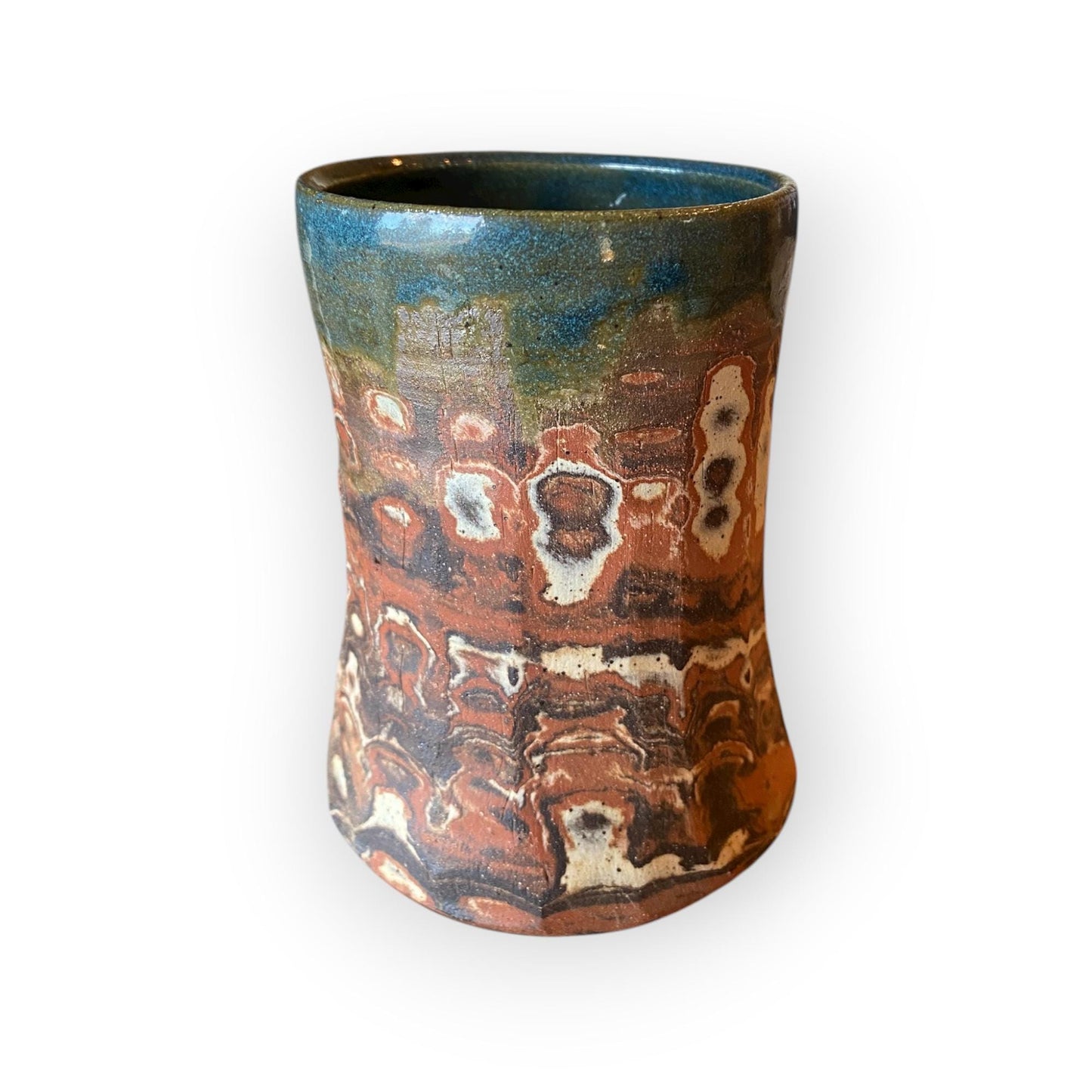 Fluted Stoneware Mug – Marbled Colored Clays with Japanese Neriage, Hand-Carved, Satin-Smooth Unglazed Pottery (B-21)
