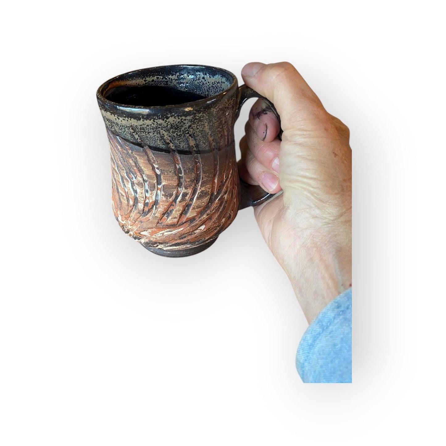 Fluted 14-Ounce Stoneware Mug – Marbled Clays with Japanese Neriage, Hand-Carved, Satin-Smooth  Pottery (B-26)